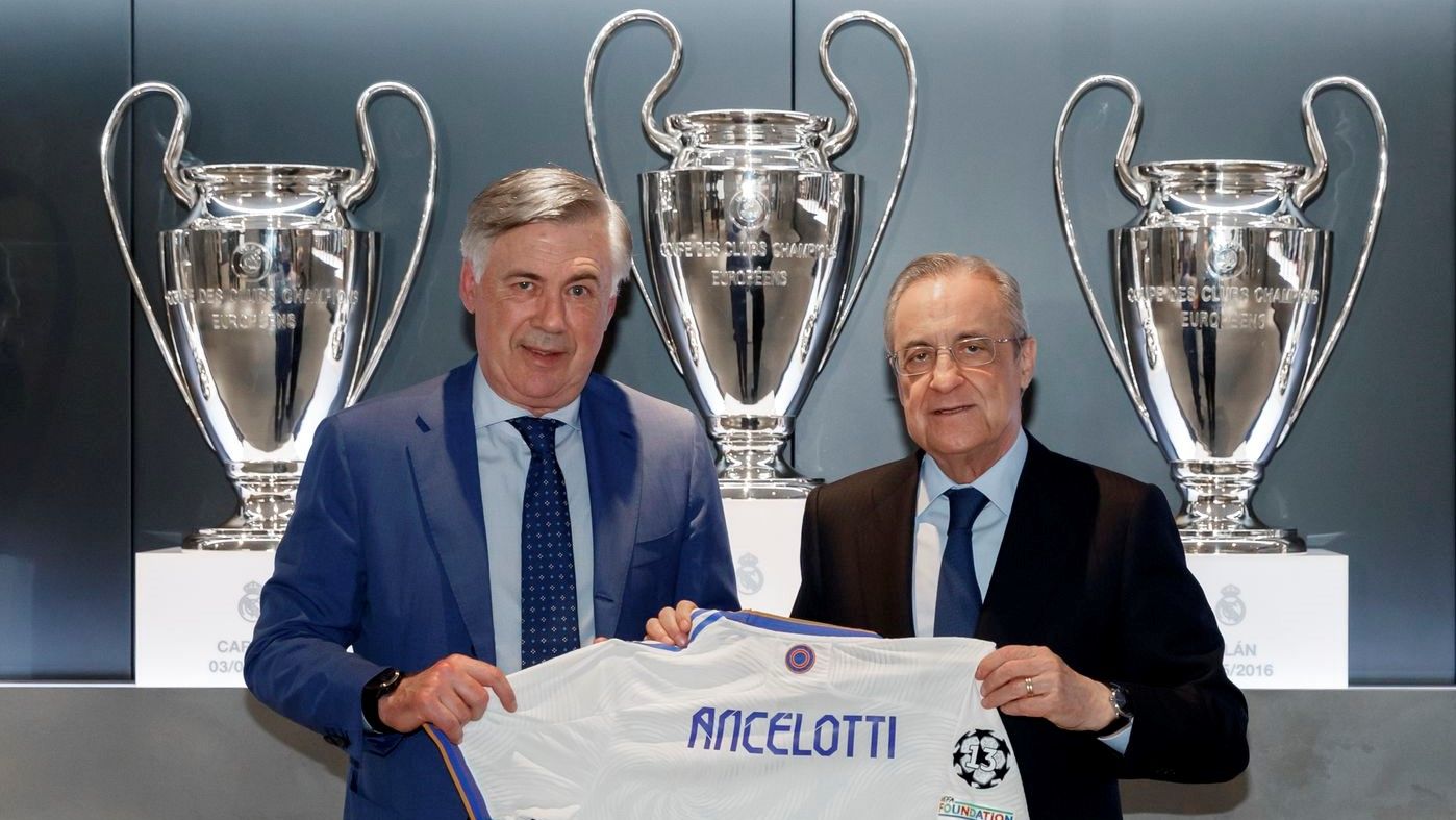 Carlo Ancelotti y Florentino Pérez, el día de la presentación del técnico como sustituto de Zidane.