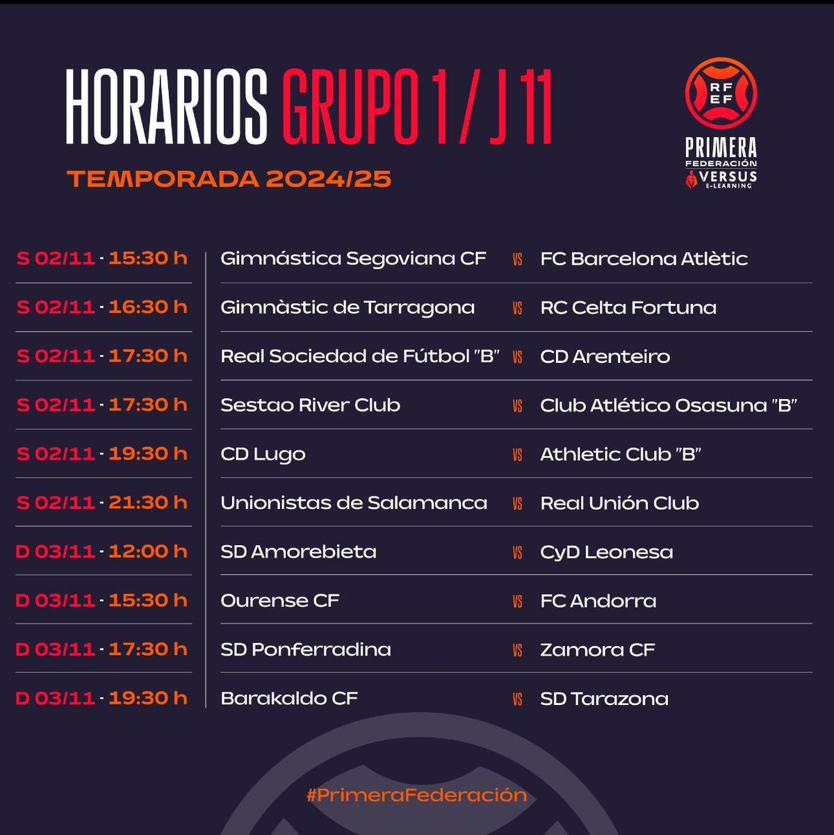 Horarios de la undécima jornada de liga en el Grupo 1 de Primera RFEF