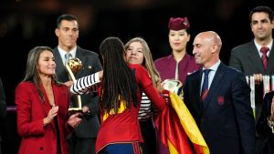 Queen Letizia and Infanta Sofia saludates to Salma Paralluelo of Spain after winning during the FIFA Womens World Cup Australia & New Zealand 2023 Final football match between Spain and England at Accor Stadium on August 20, 2023 in Sydney, Australia.