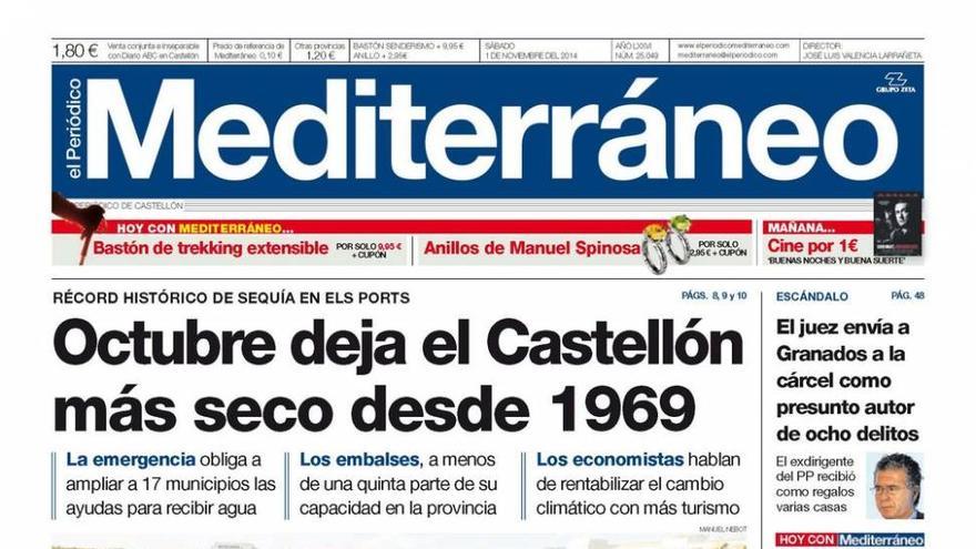 “Octubre deja el Castellón más seco desde 1969”, hoy en la portada de El Periódico Mediterráneo