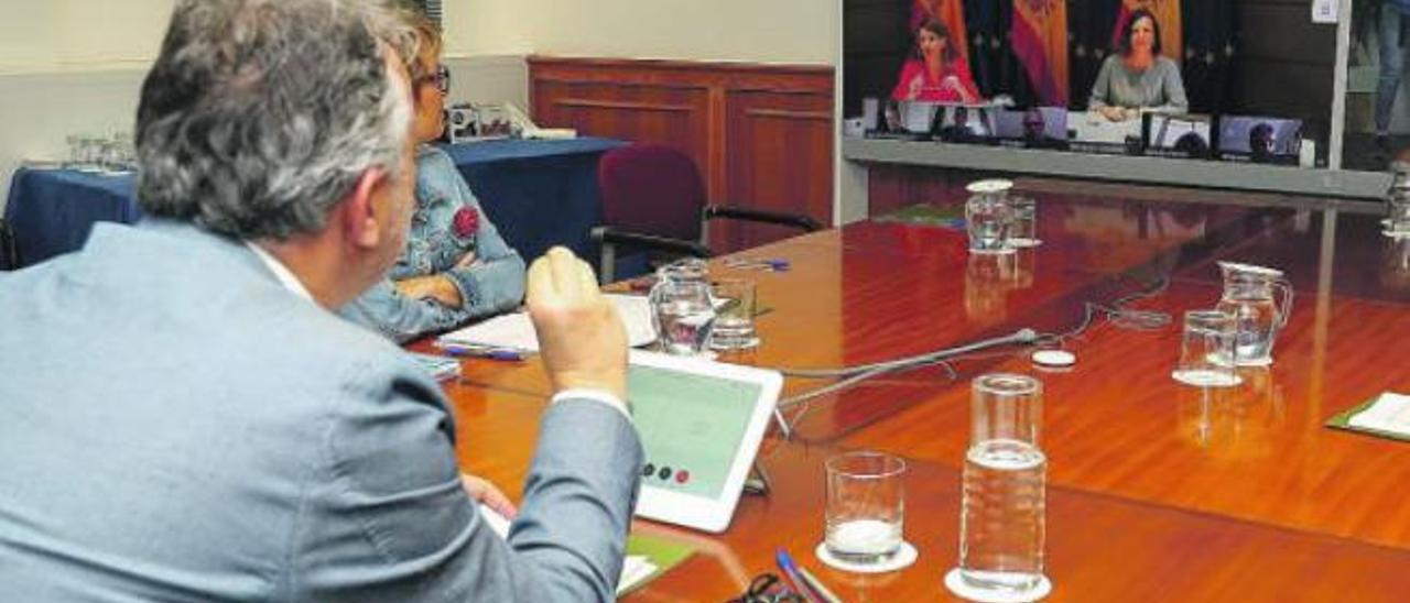 Ángel Víctor Torres se dirige, ayer, a la ministra de Trabajo, Yolanda Díaz, durante la reunión por videoconferencia.