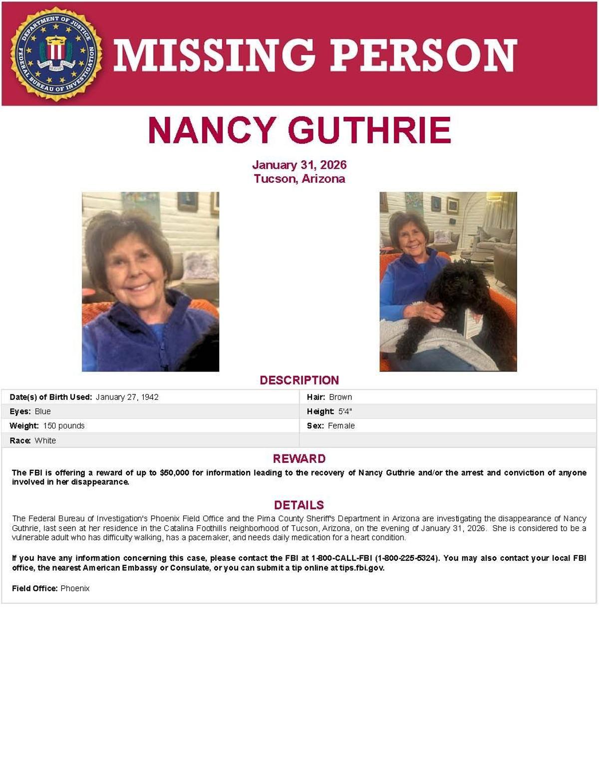 Fotografía cedida por el FBI que muestra el cartel de búsqueda de Nancy Guthrie, de 84 años y desaparecida desde la noche del sábado 31 de enero en la ciudad de Tucson, Arizona.