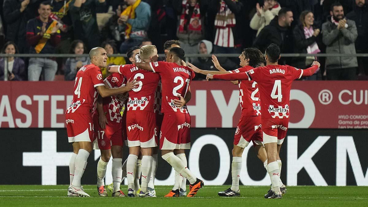 Los jugadores del Girona celebran el gol marcado por Sergio ante el Leganés