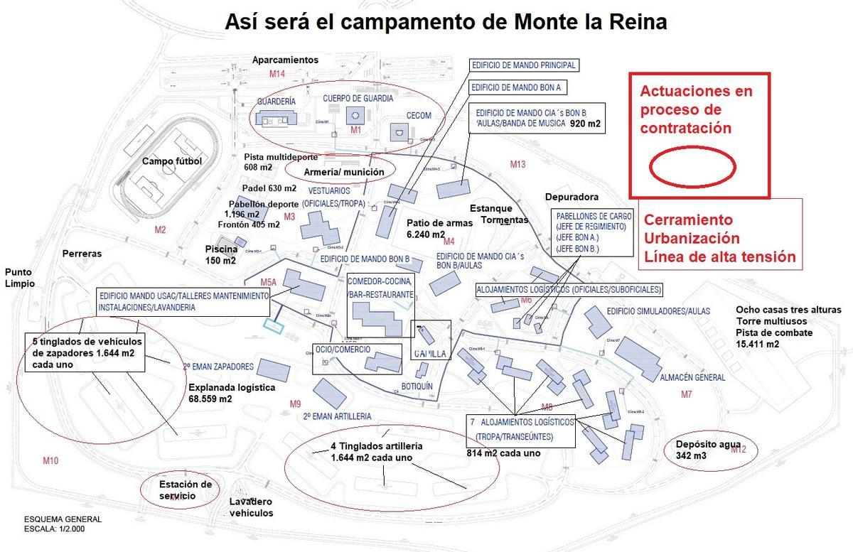Esquema del nuevo cuatel con las actuaciones en marcha (en rojo)