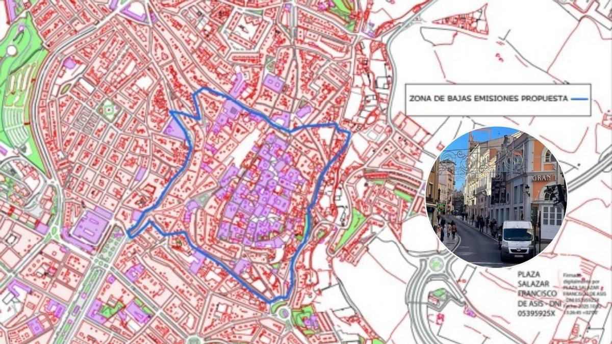 Zona de Bajas Emisiones que se creará en Cáceres. En el círculo, la calle San Antón, una de las afectadas.