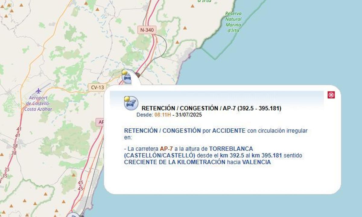 Aviso de la DGT sobre el accidente en Torreblanca