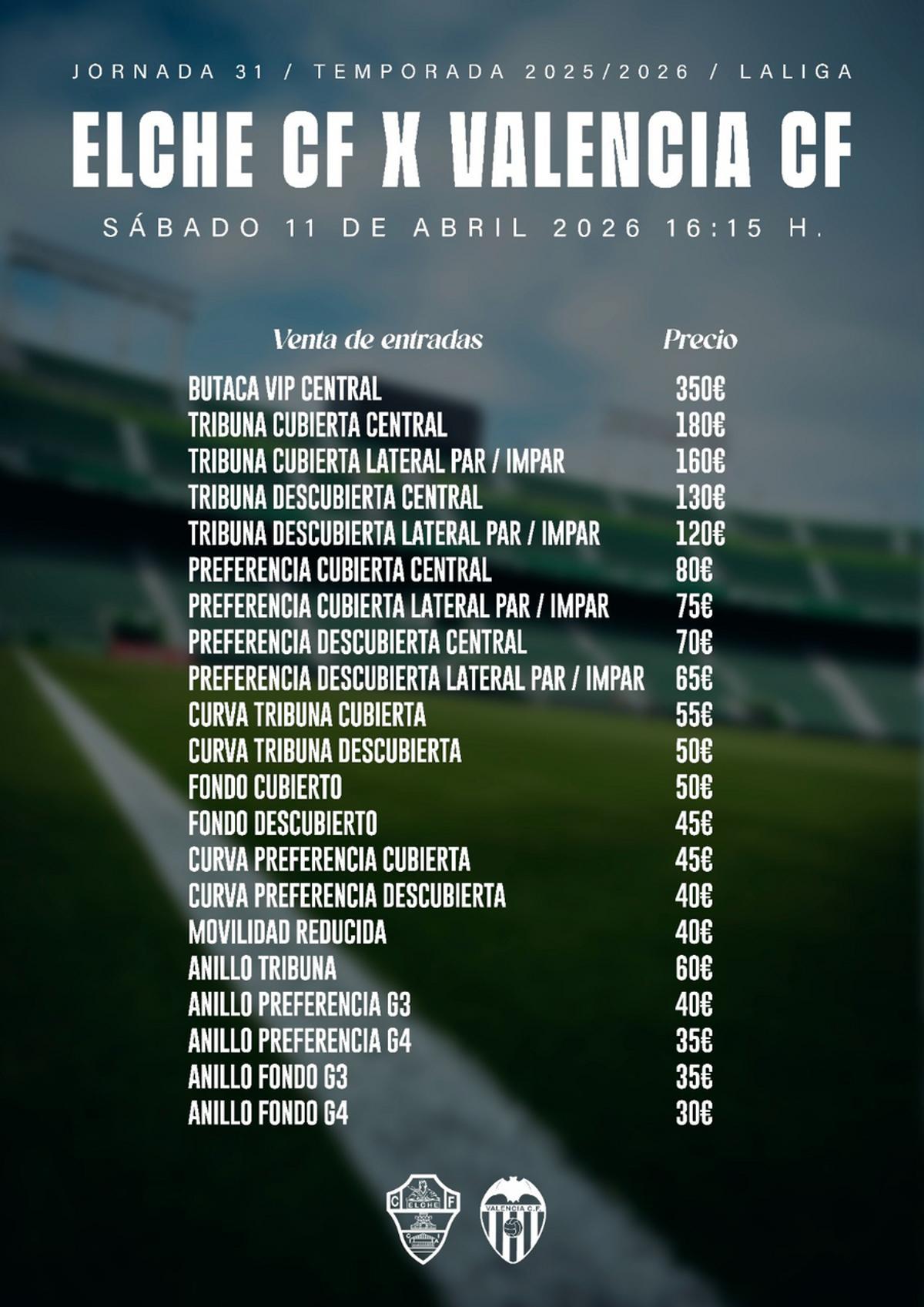 Precios de las entradas para el Elche-Valencia de la jornada 31.