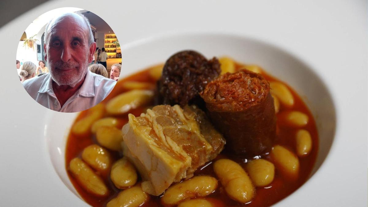 Un plato de fabada y, en el círculo, Agustín Cueto