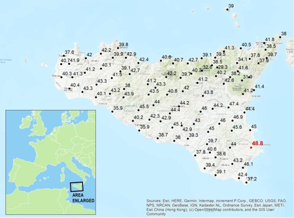 MAPA | Temperaturas registradas en la isla de Sicilia el 11 de agosto de 2021.