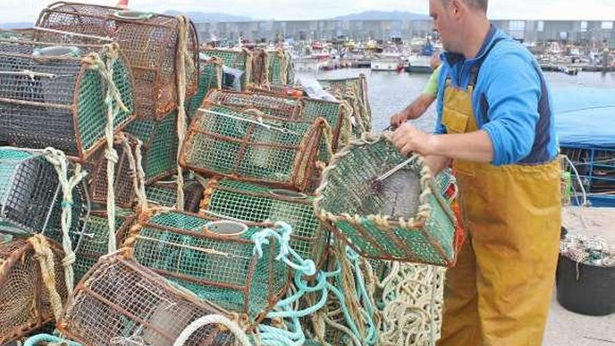 Un naseiro trabajando ayer en el puerto de Cangas.