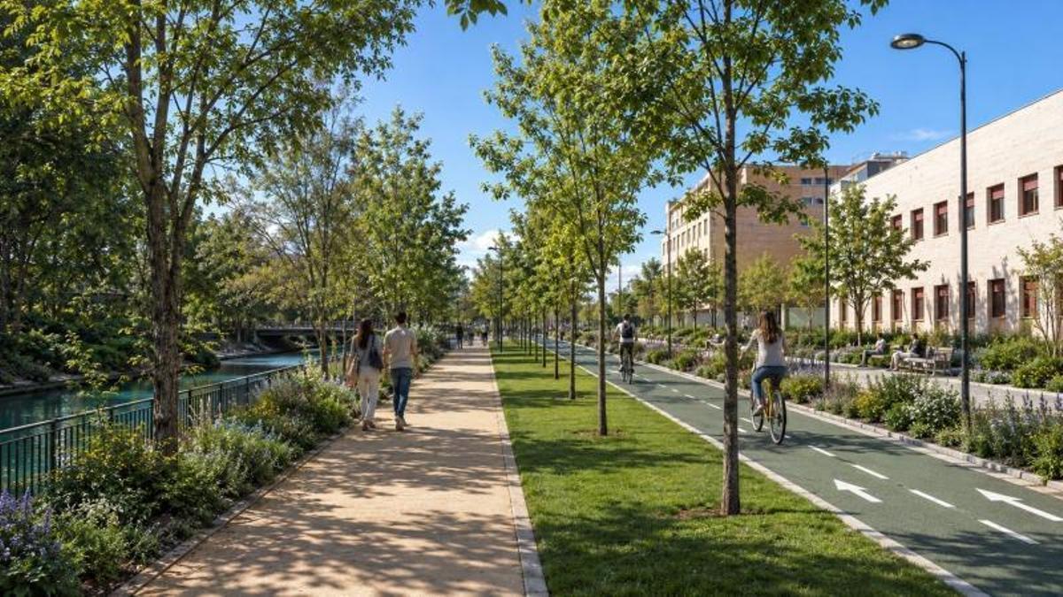 Recreación de la renovación del Canal Imperial a su paso por Zaragoza en la que han desaparecido carriles de circulación.