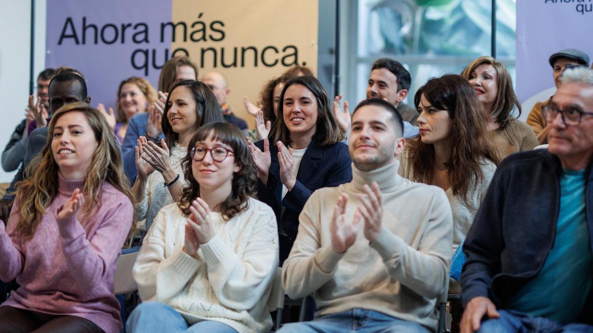 La secretaria general de Podemos, Ione Belarra; la secretaría política de Podemos, Irene Montero y la portavoz de Podemos, Isabel Serra.