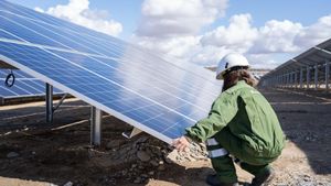 Una operaria de Iberdrola en la planta fotovoltaica Núñez de Balboa, en Badajoz.
