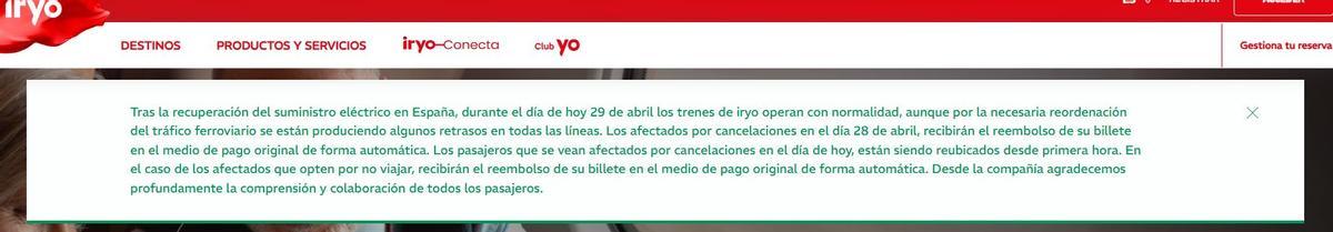 Iryo devolverá automaticamente el importe de los trenes cancelados por el apagón.