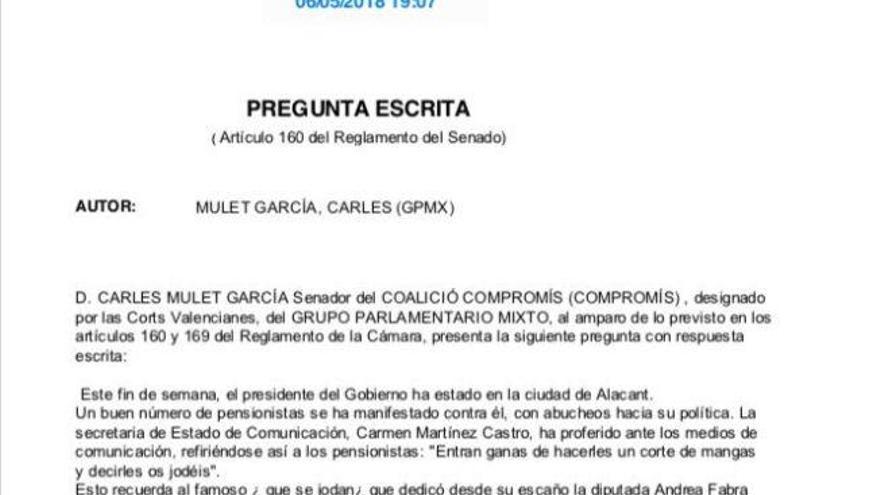 Carles Mulet pregunta a Rajoy si actuará ante los insultos a los pensionistas