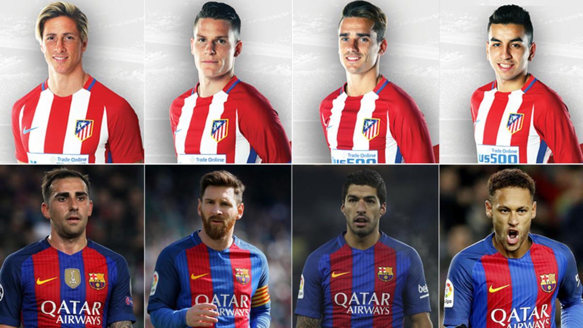 Torres, Gameiro, Griezmann y Correa (arriba); Alcácer, Messi, Luis Suárez y Neymar