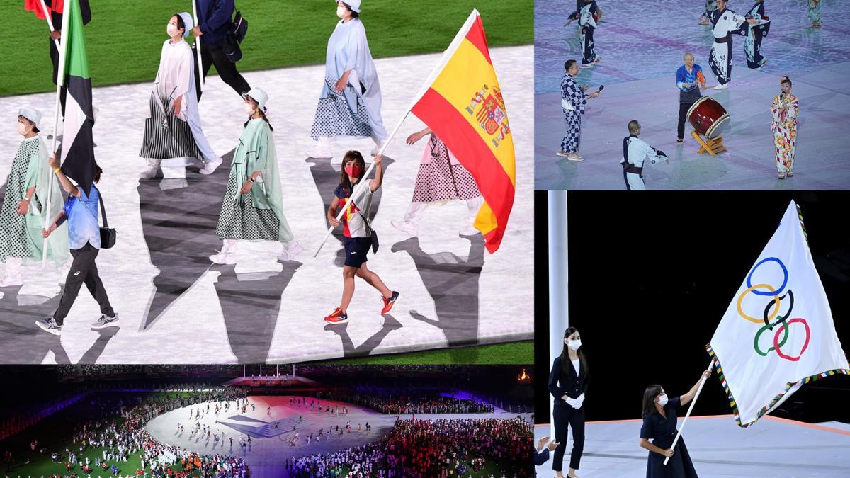 La karateka espanyola Sandra Sánchez com a banderera i imatges de la Cerimònia de Clausura dels Jocs Olímpics de Tòquio.