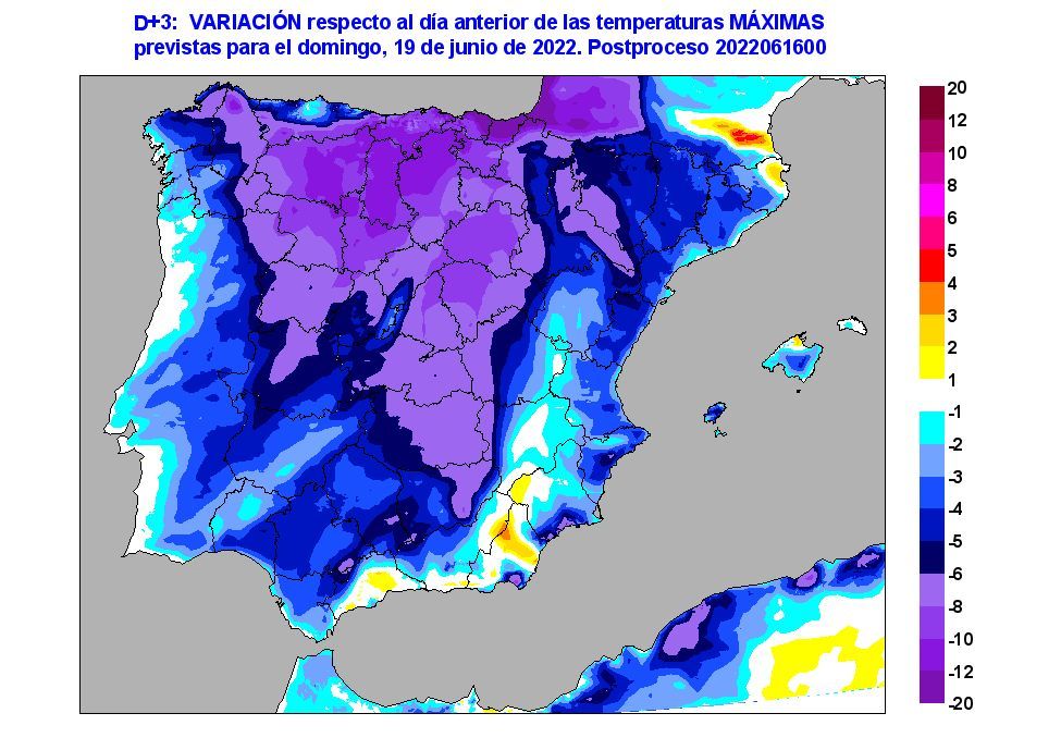 Mapa de Aemet de variación de temperaturas del domingo respecto al sábado.