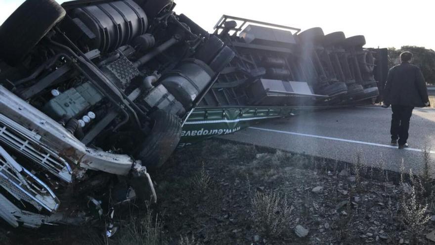 Camión volcado en la carretera en el término de Muelas del Pan