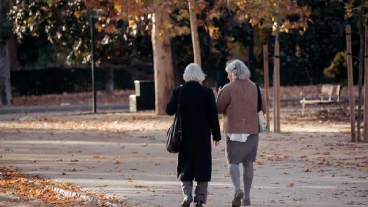 Dos ancianas pasean por un parque.