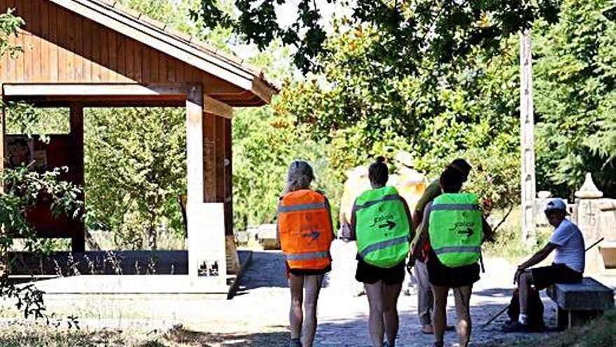 Un grupo de peregrinos con cubremochilas reflectantes para mejorar su visibilidad.