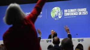 El enviado especial de China para asuntos del clima, Xie Zhenhua, interviene en la COP26 de Glasgow durante la declaración conjunta de China y Estados Unidos anunciando su acuerdo para hacer frente al cambio climático.