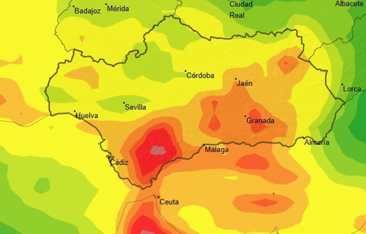 En rojo, probabilidad de precipitaciones de más de 100 litros por metro cuadrado, según la proyección de la Aemet para el miércoles, 4 de febrero.
