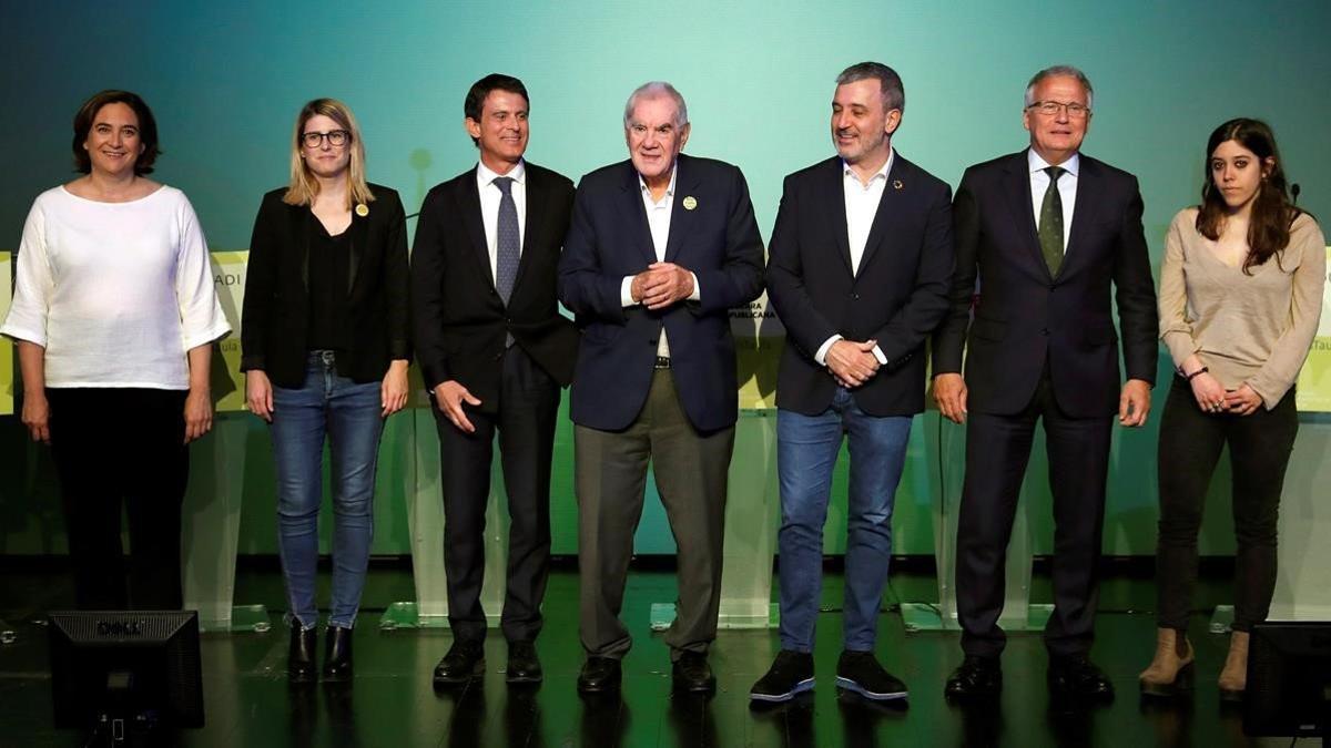 Los candidatos a la alcaldía de Barcelona Ada Colau (BC), Elsa Artadi (JxCat), Manuel Valls (Cs), Ernest Maragall, Jaume Collboni, Josep Bou y Anna Saliente (CUP), el pasado 25 de abril.