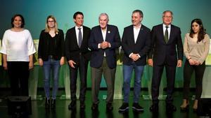 Los candidatos a la alcaldía de Barcelona Ada Colau (BC), Elsa Artadi (JxCat), Manuel Valls (Cs), Ernest Maragall, Jaume Collboni, Josep Bou y Anna Saliente (CUP), el pasado 25 de abril.