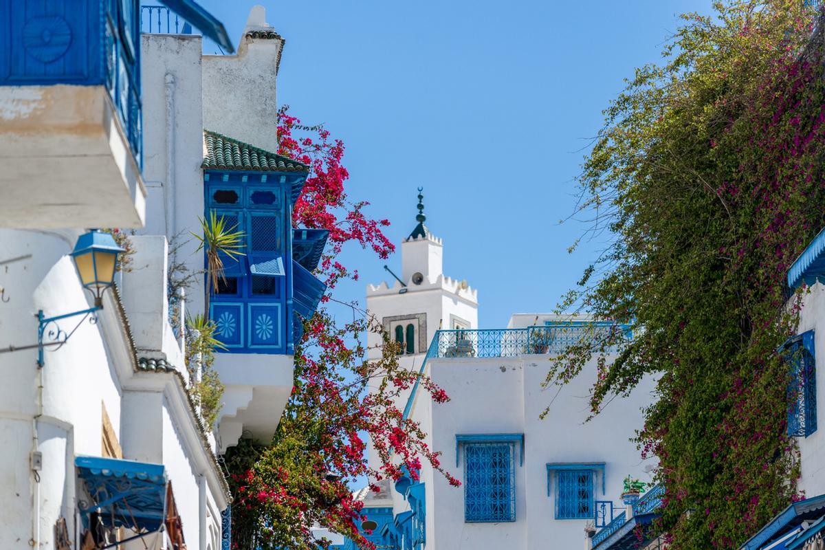 Fachadas blancas y balcones azules en Sidi Bou Said.