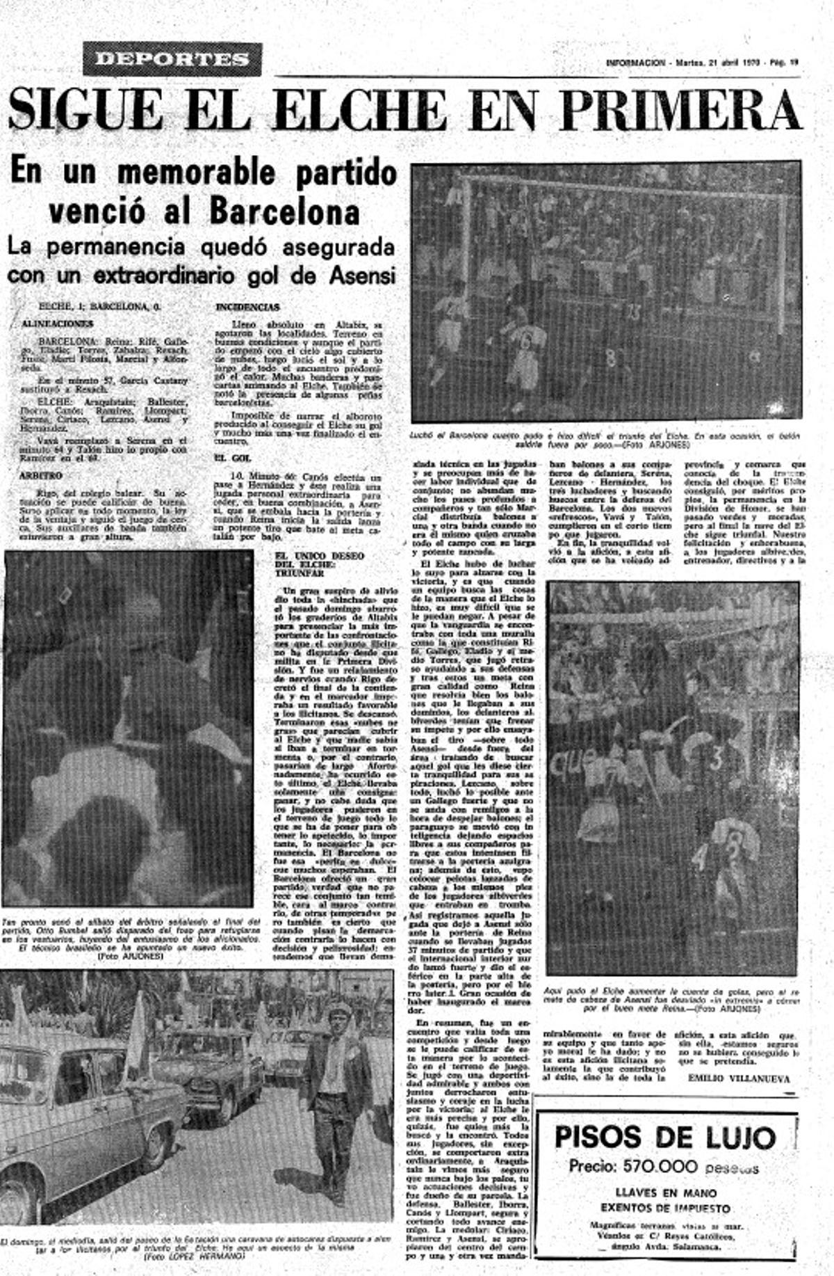 Crónica del Elche-Barça que valió la permanencia en 1970