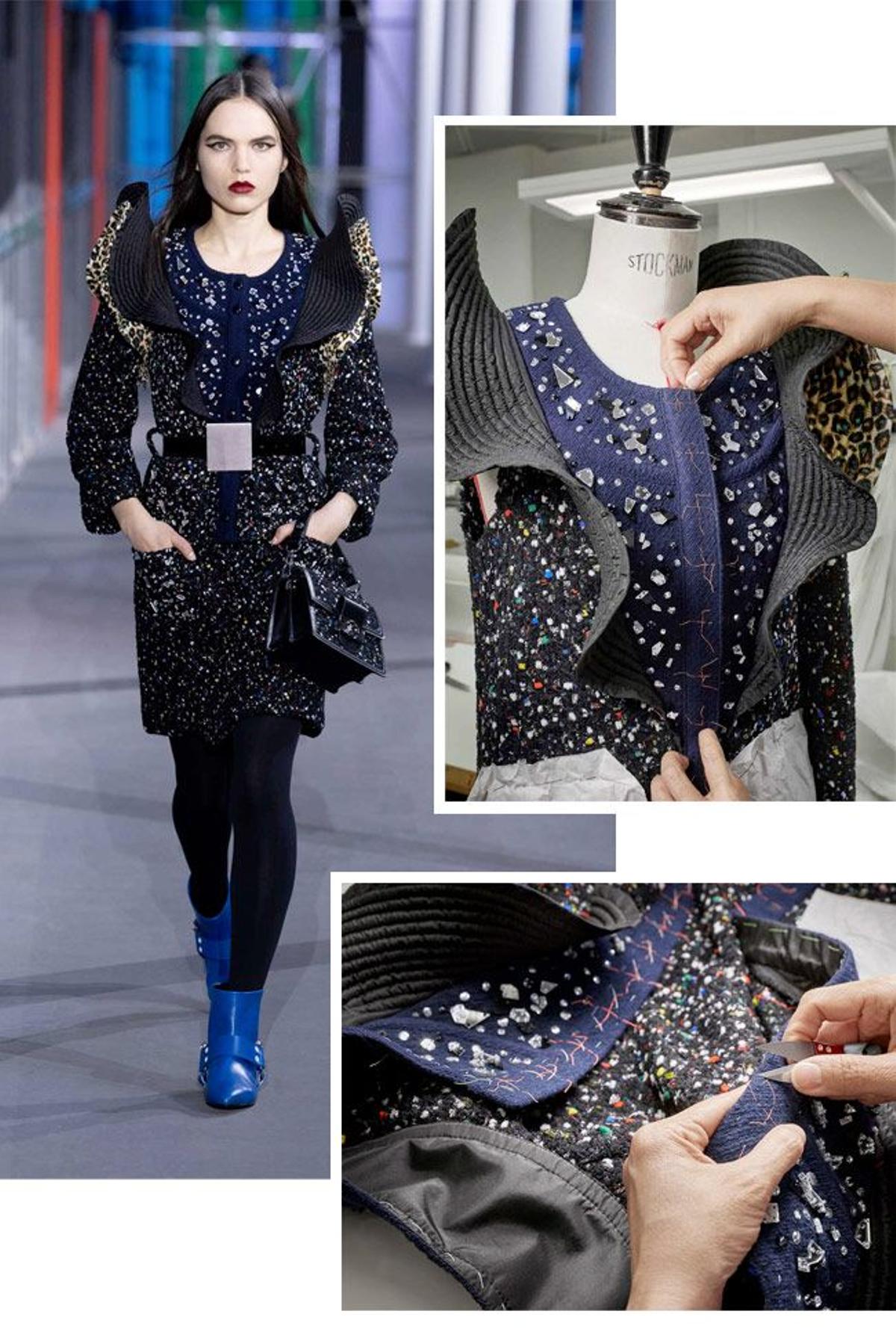 Conjunto de top, falda y cinturón en tweed bordado con volantes estampados en leopardo