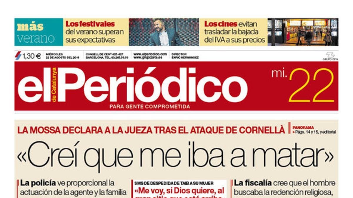 La portada de EL PERIÓDICO DE CATALUNYA del miércoles, 22 de agosto del 2018