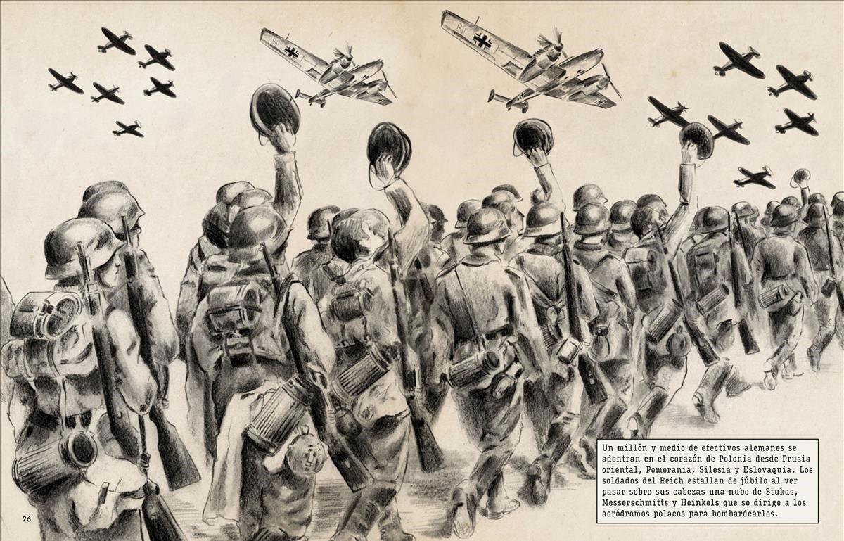 Tropas de la Wehrmacht en 1939, adentrándose en Polonia, donde arrasaron 500 pueblos y asesinaron a casi 20.000 polacos y judíos. Los soldados saludan a su aviación, que bombarderá los aeródromos y ciudades polacas.