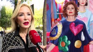 Carmen Lomana (izda.) habla con los medios / Ágatha Ruiz de la Prada (dcha.) en un desfile en 2023