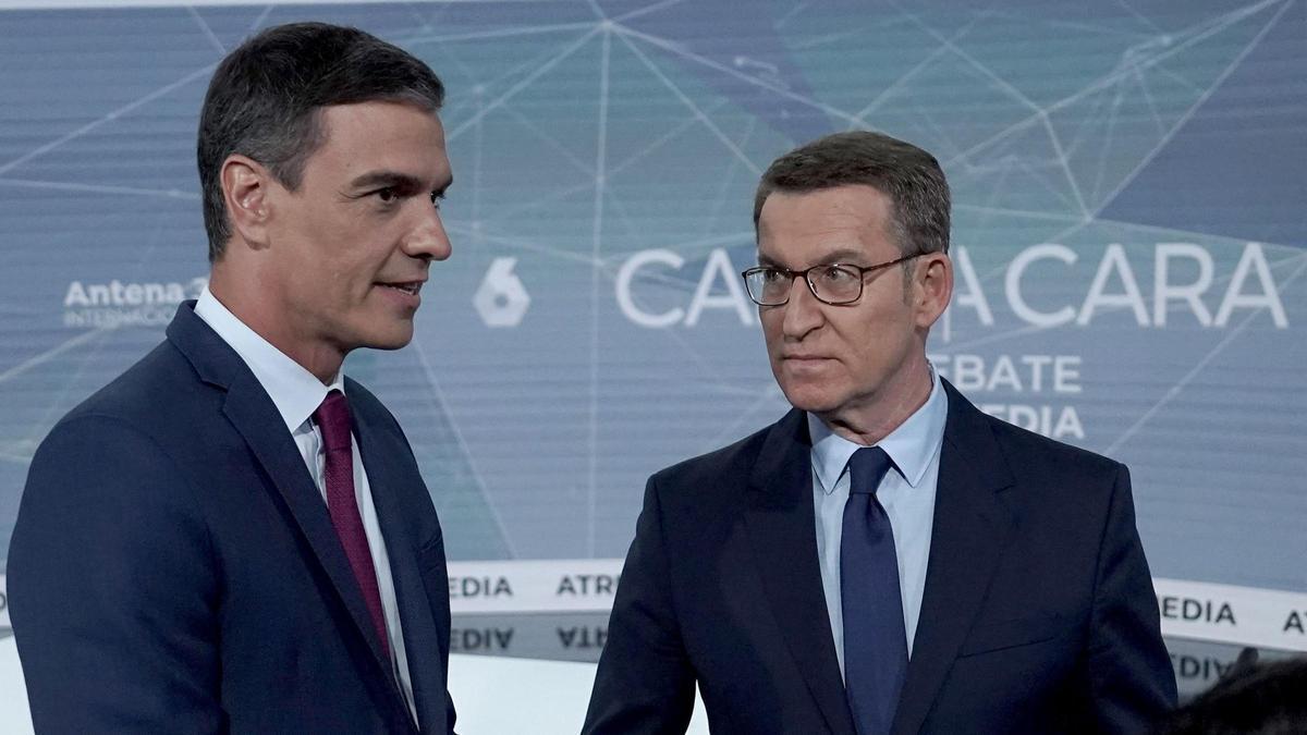 Madrid. 10.07.2023. Debate Cara a Cara en la campaña de las elecciones del 23 J entre Pedro Sánchez, PSOE, y Alberto Núñez Feijóo, PP.