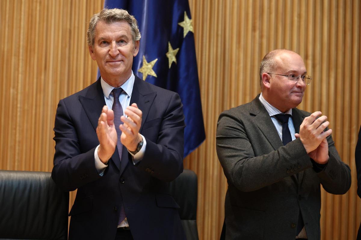 El presidente del Partido Popular, Alberto Núñez Feijóo y el secretario general del PP, Miguel Tellado.