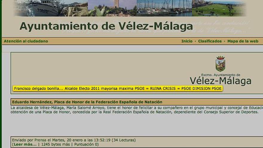 Fragmento de la cabecera de la web del Ayuntamiento de Vélez, con el texto ´pirata´ destacado en amarillo.