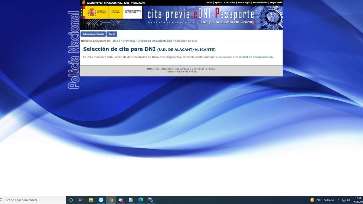 Una captura de pantalla este jueves donde la web de cita previa avisa de que no hay citas disponibles para renovarse el DNI en Alicante