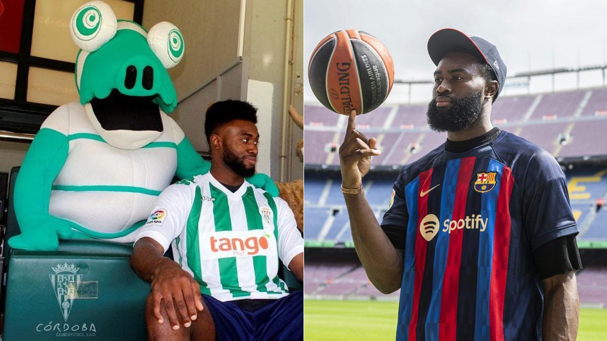 Jaylen Brown, en 2017 vestido con la camiseta del Córdoba, y el año pasado, con la del FC Barcelona