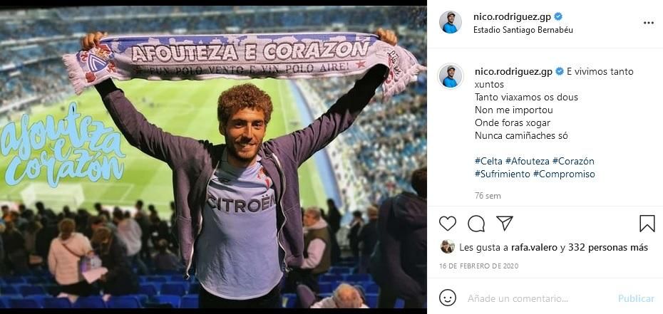 Nico, en la grada del Bernabéu al que acudió para apoyar al Celta en su enfrentamiento con el Real Madrid.