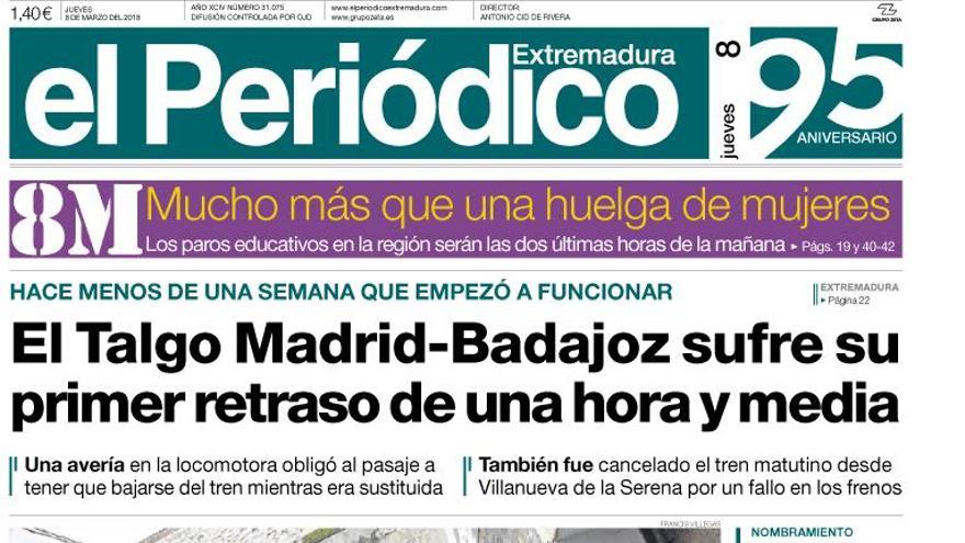 Esta es la portada de EL PERIÓDICO EXTREMADURA correspondiente al día 8 de marzo del 2018.