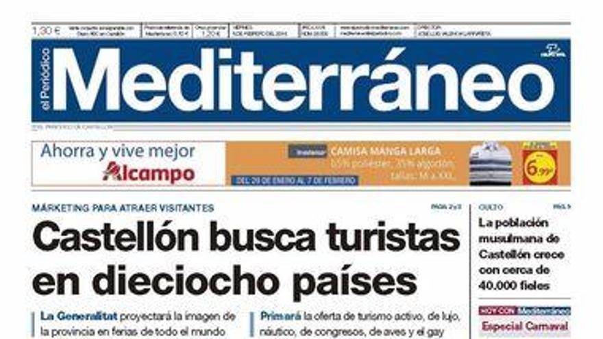 Castellón busca turistas en dieciocho países, hoy en la portada de Mediterráneo