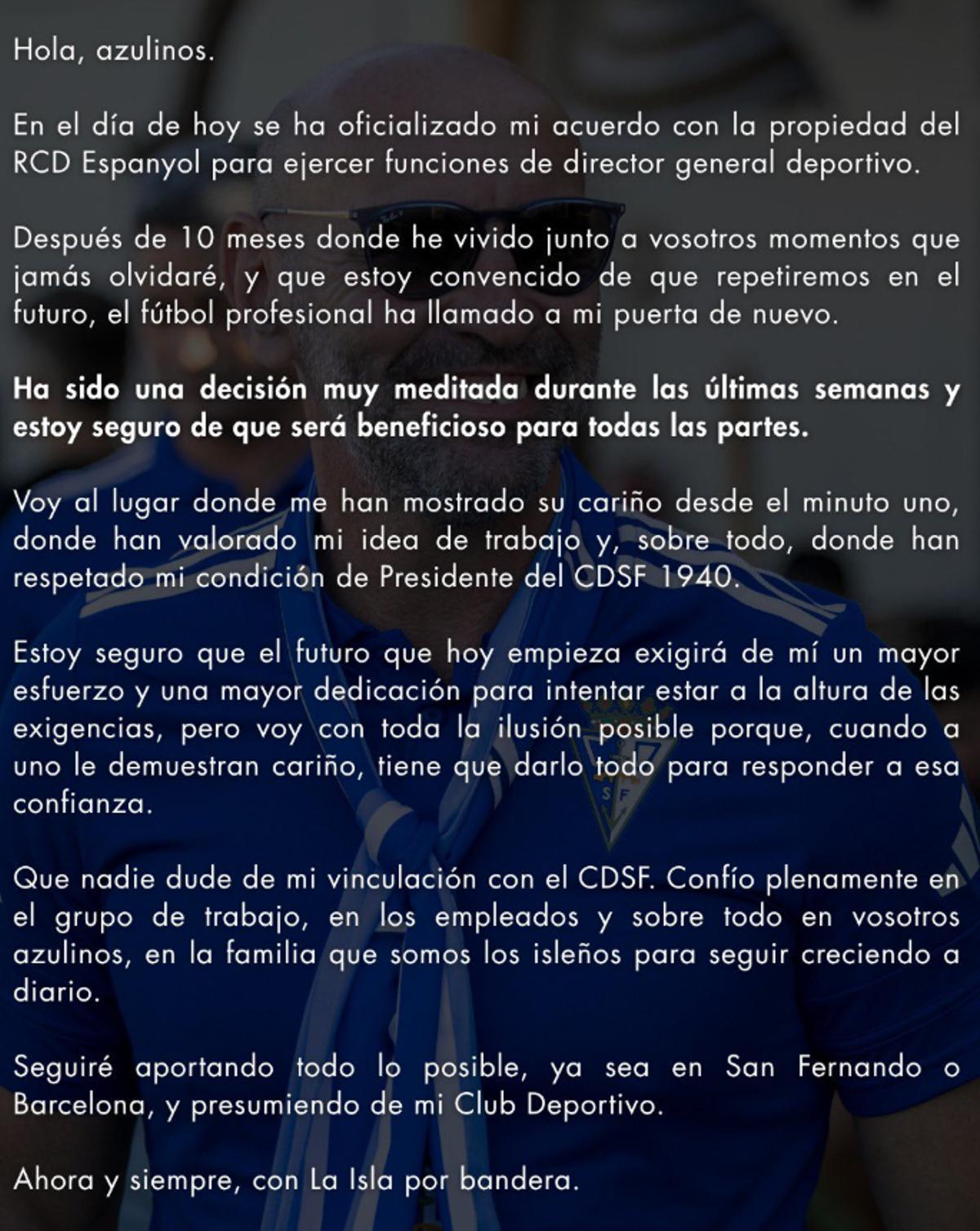 Carta de bienvenida de Monchi al Espanyol