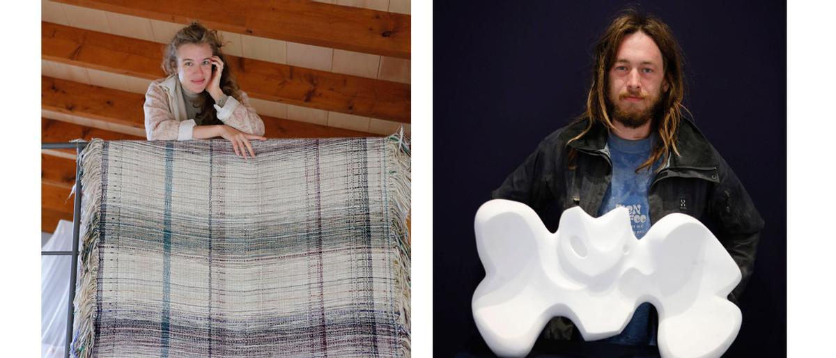 Die Textilkünstlerin Christin Amann mit einem selbst gewebten Stück und Dan Mandelbaum mit seiner "Fledermaus"-Skulptur.