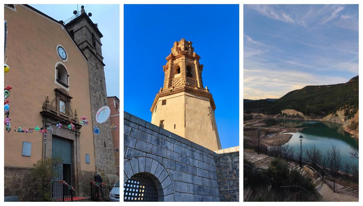 De izquierda a derecha, la fachada de la Iglesia de Algimia de Almonacid, la torre de Jérica y el río Mijares a su paso por Puebla de Arenoso.