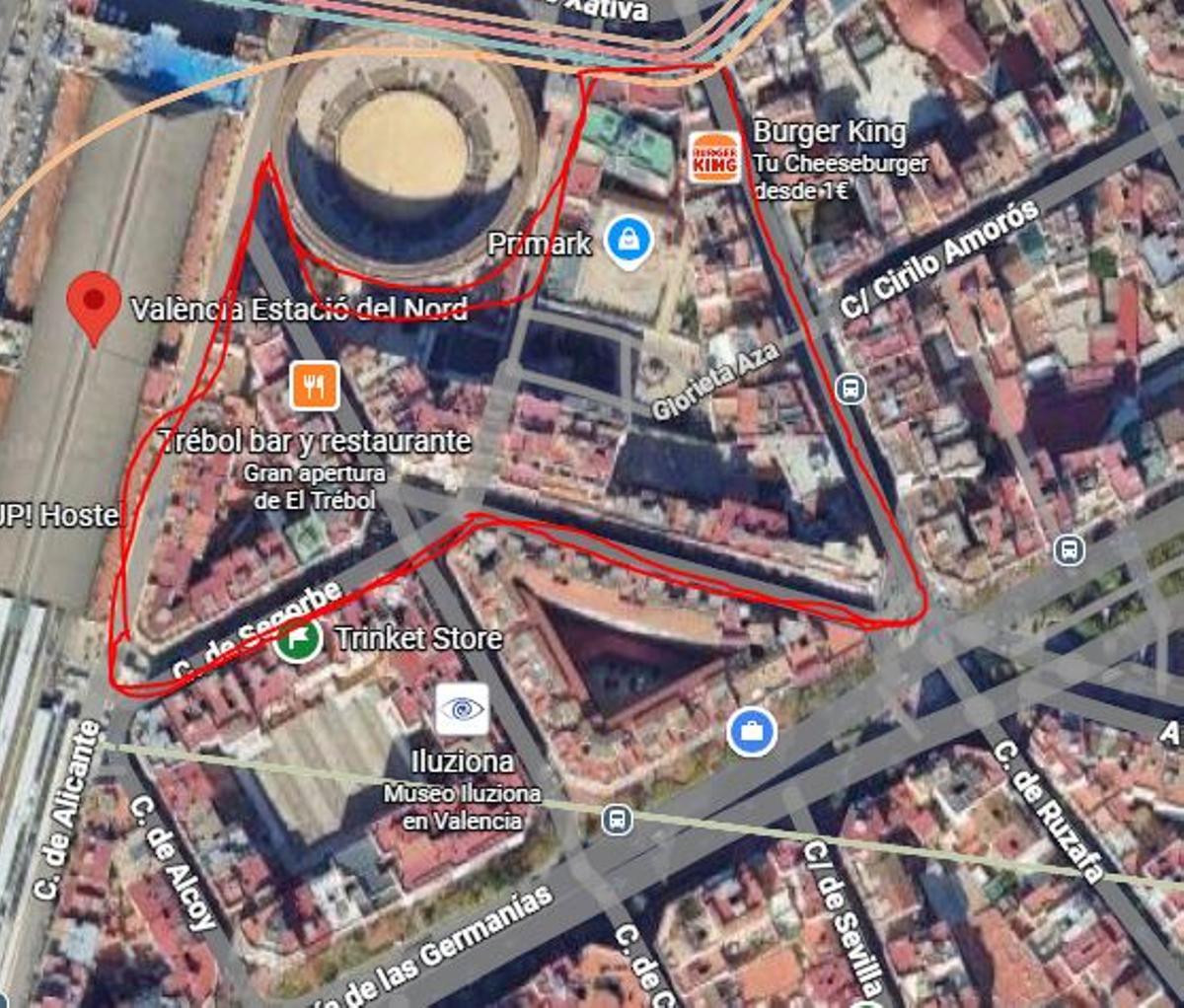 Captura de pantalla de la zona cerrada al tráfico de personas en el centro