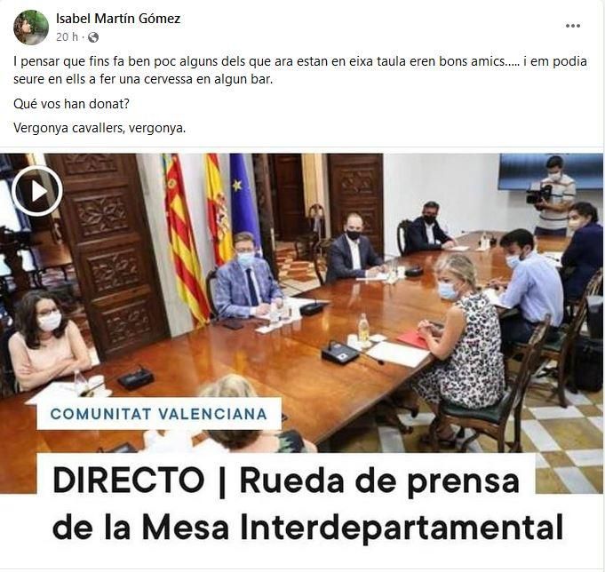 Comentario de Isabel Martín en sus redes sociales.