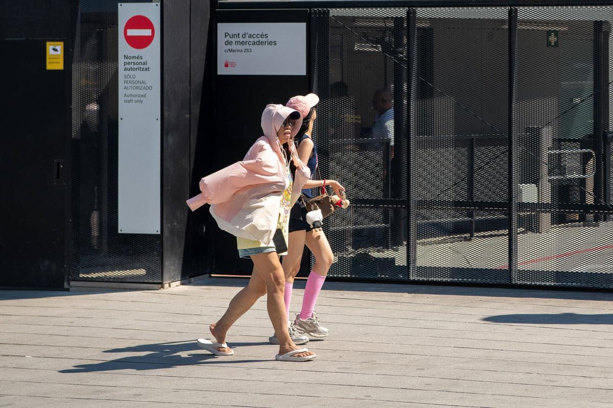 Dos turistas se cubren la cabeza para combatir el calor en Barcelona.