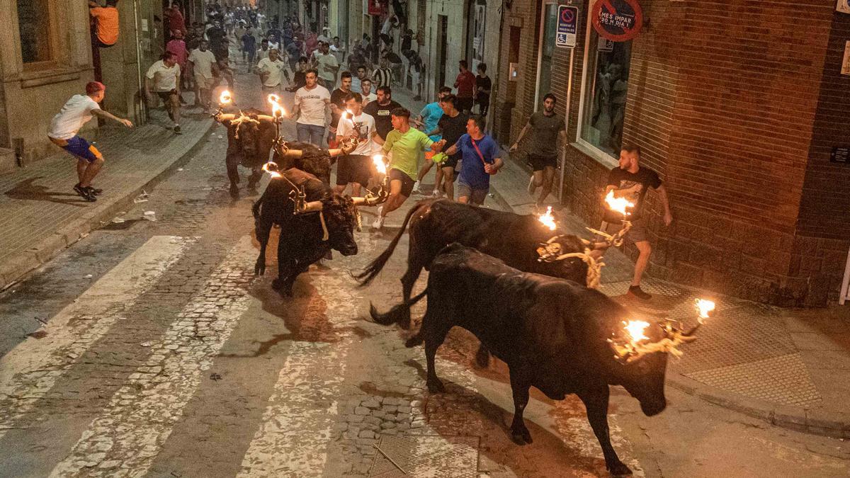 Otra imagen del encierro de toros embolados en Burriana.